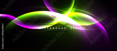 Abstract neon waves, vibrant colors blend. Dynamic curves create futuristic background design. Bright light effects dominate dark space.