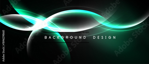 Abstract design features flowing turquoise lines over dark background. Bright white highlights add depth, creating dynamic visual effect.