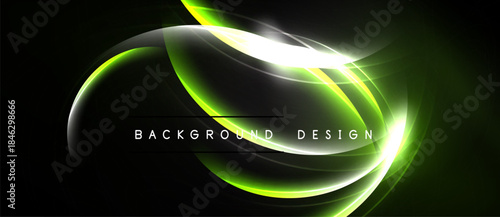 Abstract neon lines create dynamic, flowing shapes over dark background. Bright green, white hues dominate composition. Modern design element.