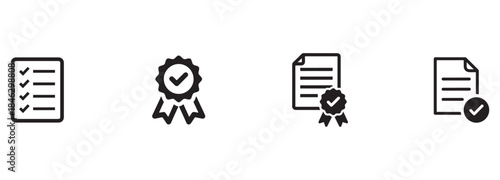 Quality Assurance Certification Icons Set. Approved Checklist Document and Badge Symbols