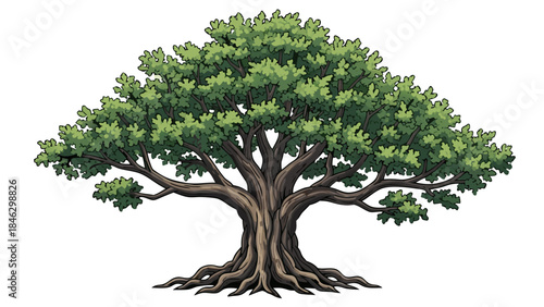 A majestic green tree with a sturdy trunk and visible roots standing strong