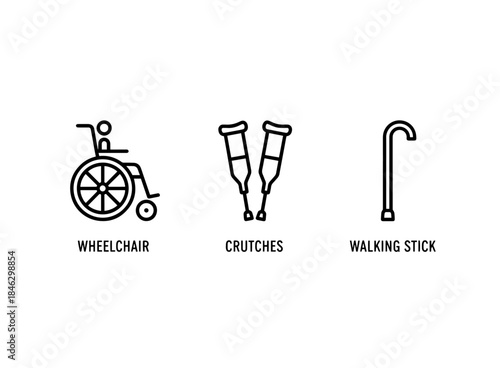 Wheelchair Crutches Walking Stick Minimal Bold Line Icon Set