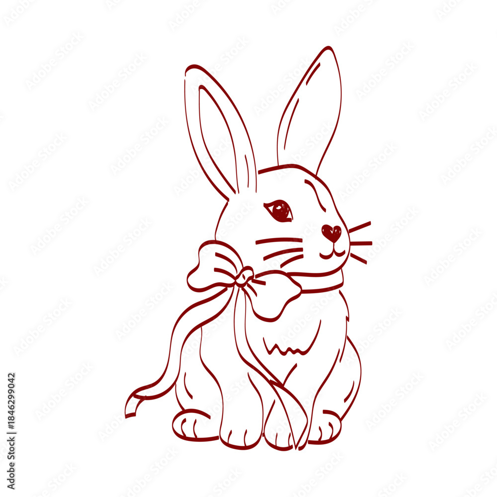 Obraz premium Cute rabbit with a ribbon sitting quietly, drawn in a simple outline style with clear lines and shapes
