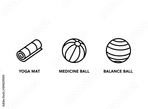Yoga Mat Medicine Ball Balance Ball Minimal Bold Line Icon Set