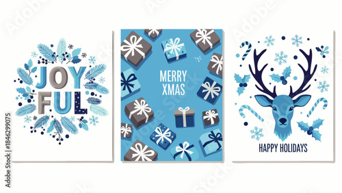 Joyful Christmas and Happy Holidays greetings with festive elements and winter motifs in blue tones