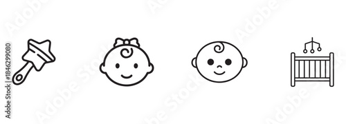 Baby Icons Set: Rattle, Baby Faces, and Crib with Mobile Outline Vector