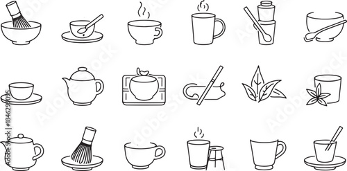Collection of line art icons for matcha tea preparation and serving whisk bowl
