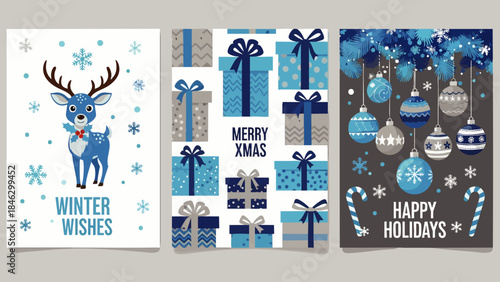 Set of three festive Christmas greeting cards with winter theme, reindeer, gifts, and ornaments