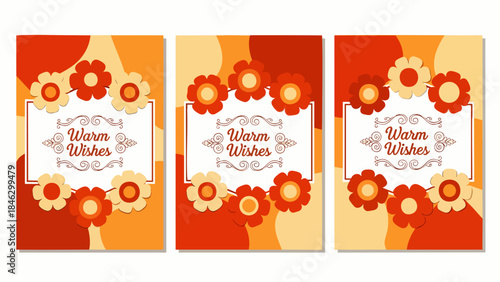 Retro floral greeting cards with "Warm Wishes" text in a vintage style, set of 3