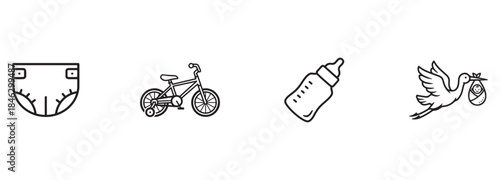 Baby and Childhood Line Icons Set: Diaper, Bicycle, Bottle, and Stork Vector