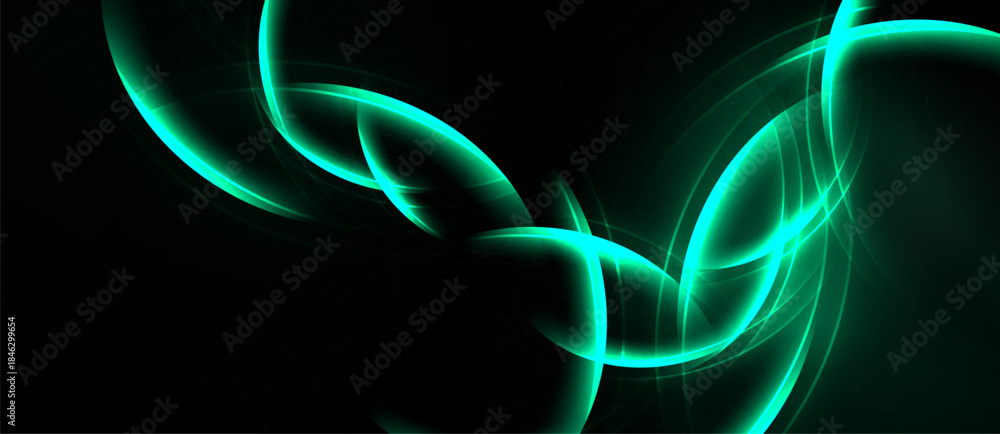 Naklejka premium Abstract swirls, vibrant teal glows against dark background. Dynamic lines create flowing, energetic composition. Minimalist design.