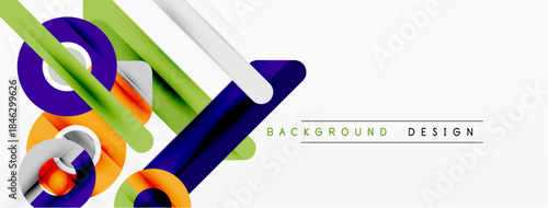Abstract geometric shapes overlap, creating dynamic visual effect. Bright colors contrast against white space. Modern design element.