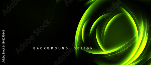 Dark backdrop features vibrant green swirling lines. Modern design evokes energy, motion, depth. Minimalist aesthetic, suitable backgrounds.