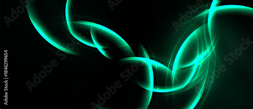 Abstract swirls, vibrant teal glows against dark background. Dynamic lines create flowing, energetic composition. Minimalist design.