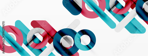 Abstract geometric shapes overlap, creating dynamic composition. Colors include blue, pink, white, red. Modern design element.