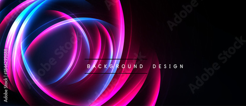 Abstract neon lights form swirling shapes. Vivid pinks, blues create dynamic background design against black space.