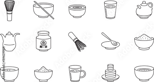Collection of line art icons depicting Japanese tea ceremony utensils and ingredients matcha whisk
