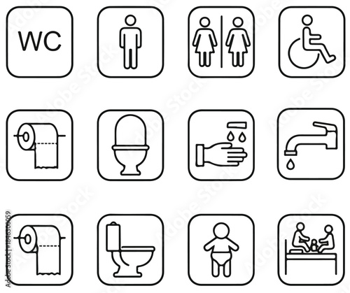 Modern Toilet Icon Set, WC, Public Bathroom, and Washroom Sign Symbols, Inclusive Restroom, Gender-Neutral Facility, Accessible Disability, and Hygiene Vector Pictograms for Wayfinding, Architecture, 