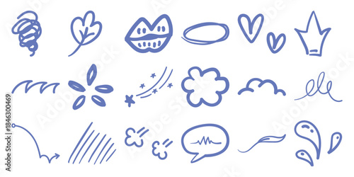 Collection of Hand-Drawn Blue Icons: Nature, Symbols, and Abstract Shapes