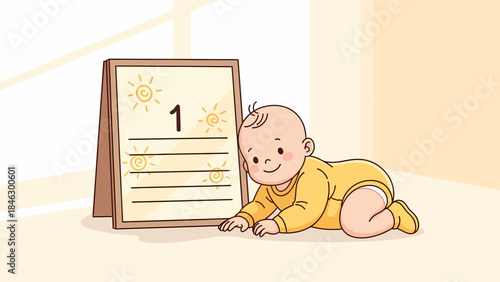 Baby in Yellow Onesie Crawling Near Sign.