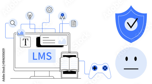Education technology, e-learning, gamification, cybersecurity, learning management, online resources. Computer with an LMS interface, book and icons of security and gaming. Education technology