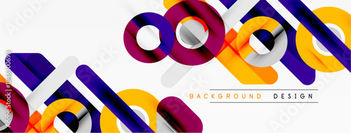 Abstract geometric shapes overlap, creating dynamic visual texture. Orange, purple, silver tones dominate design. Modern, clean aesthetic.