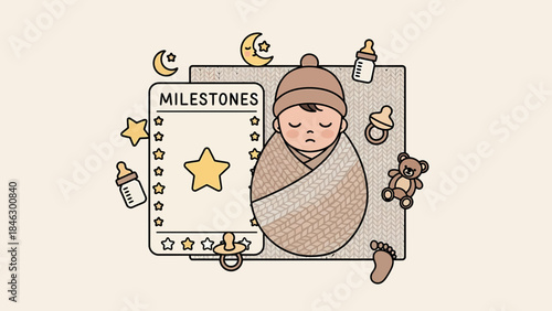 Baby Milestones Chart with Infant Illustration.