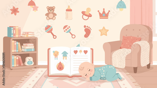 Baby Reading Book on the Floor.