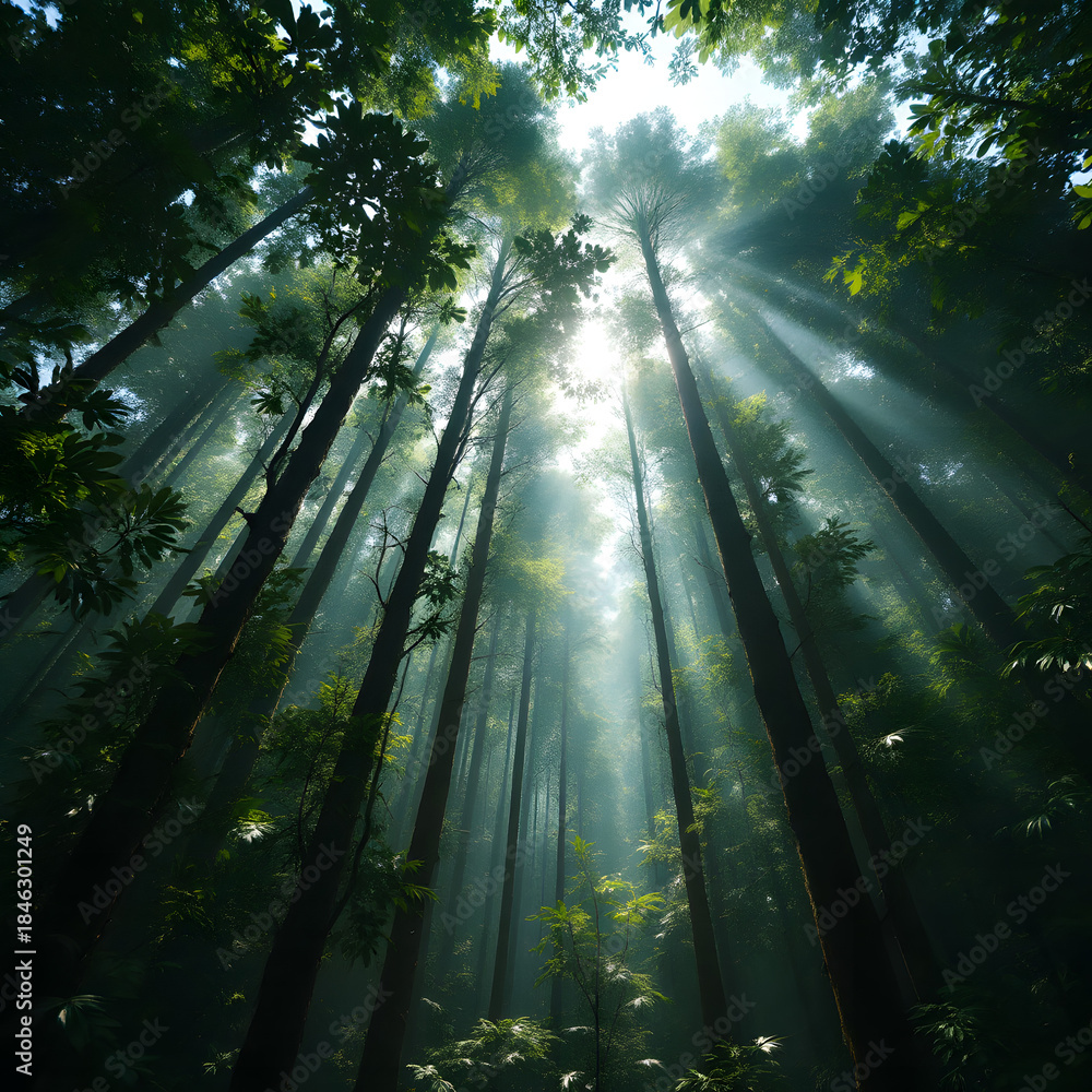 Obraz premium Sunlight piercing through the dense canopy of a tall, misty forest, creating dramatic light rays and a serene atmosphere.