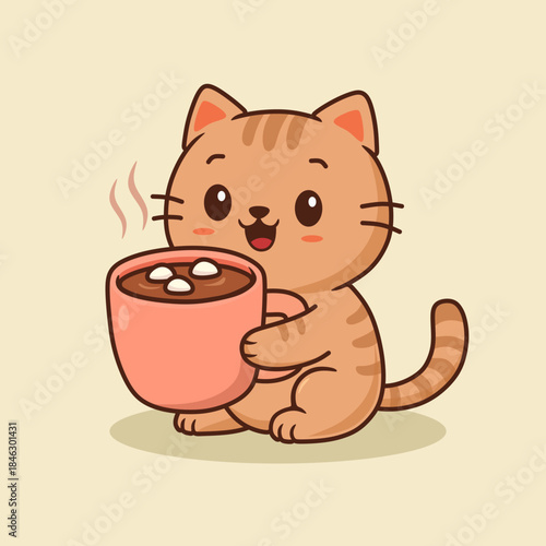 cartoon illustration of a cat holding hot chocolate
