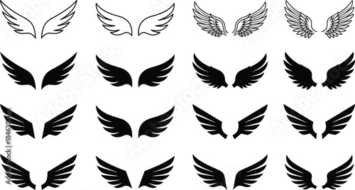 Angel wings icon set, black and white wing silhouettes, flying bird symbols, tattoo logo design, vector illustration collection