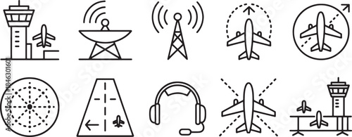 Collection of nine black and white line art icons depicting air traffic control and aviation elements 1