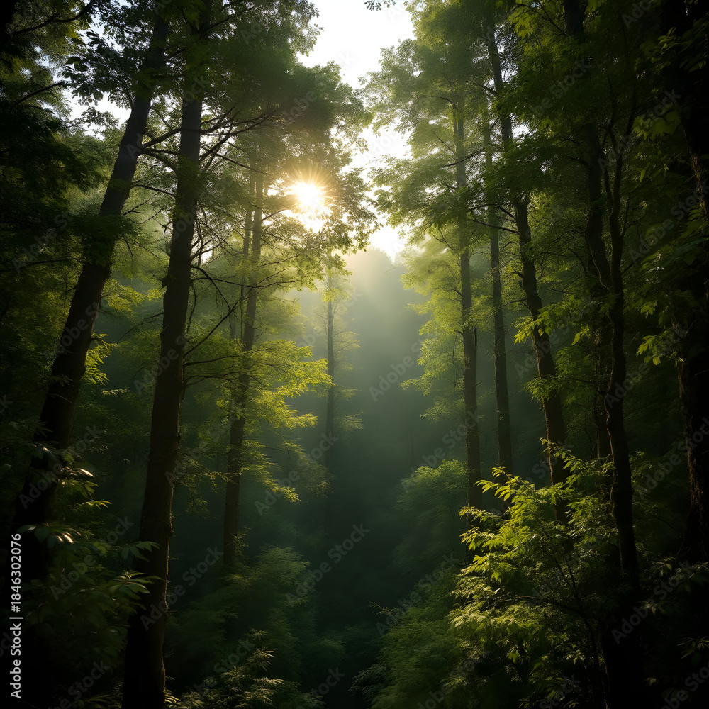 Fototapeta premium Sunlight piercing through a dense, misty forest canopy, illuminating the green undergrowth and tall trees.