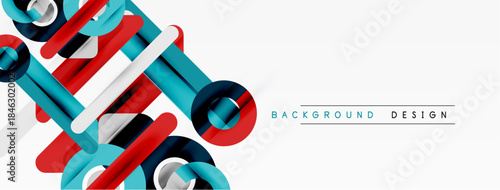 Abstract geometric shapes overlap, creating dynamic visual effect. Red, blue, cyan elements dominate white space. Modern design.