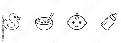Simple Line Icons for Baby Essentials: Newborn, Feeding, and Bath Time
