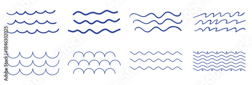 Collection of Simple Blue Wave Icons and Patterns on White Background