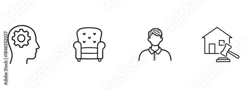 Diverse Line Icons Set: Mind, Armchair, Man, and Property Auction Concept