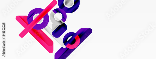 Abstract design featuring curved shapes, pinks, purples. Minimalist composition with geometric forms, modern aesthetic. Clean lines, vibrant colors.