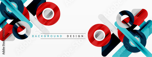 Abstract geometric shapes, red, blue, cyan. Minimalist design with white background. Modern composition, clean lines, simple forms.