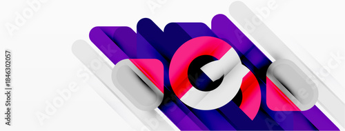 Abstract design features layered purple, white shapes. Dynamic composition creates modern visual impact. Minimalist aesthetic, bold colors present.