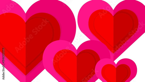 Vibrant pink and red heart shapes on white background, layered design, love symbol