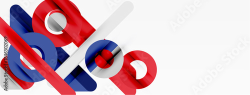 Abstract geometric shapes overlap, creating dynamic composition. Red, blue, white colors dominate minimalist design. Clean lines suggest modern aesthetic.