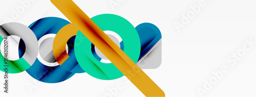 Abstract design features interconnected circles, vibrant colors, dynamic composition. Modern aesthetic, clean lines, minimalist style.