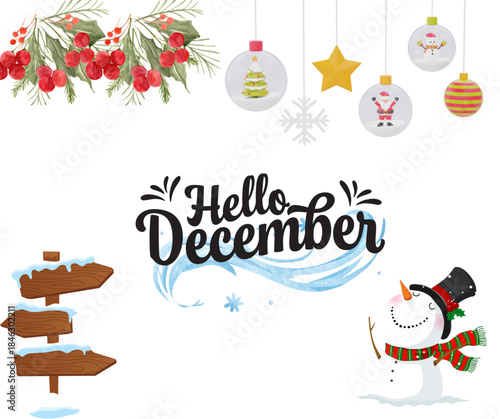 Hello December poster design featuring a cozy winter theme with seasonal elements and soft festive colors. Perfect for welcoming the December month,