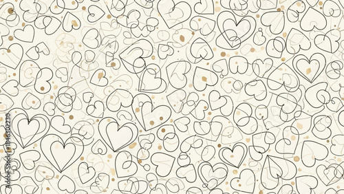 A cream background with a multitude of outlined and filled hearts in various sizes and orientations scattered