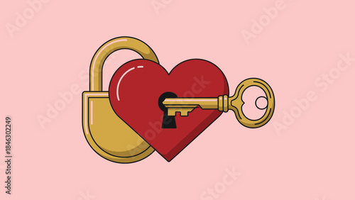 Golden key unlocking red heart with padlock on pink background symbolizing love security and relationship