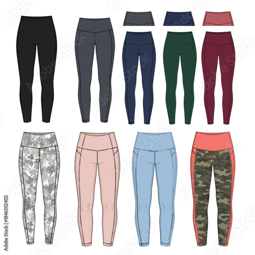 Collection of women's activewear leggings in various colors and patterns for versatile style