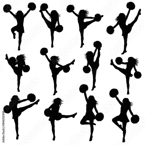 Dynamic cheerleading silhouettes showcasing energetic poses and athletic movements with pom-poms