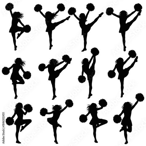 Dynamic cheerleading silhouettes showcasing energetic poses and athletic movements with pom-poms