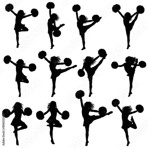 Energetic cheerleader silhouettes performing dynamic poses with pom-poms against a white background
